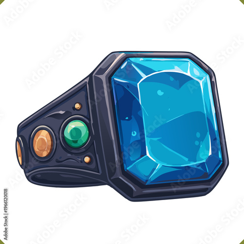 Vector illustration of a blue gemstone ring with faceted crystal and decorative metal setting, isolated on white background