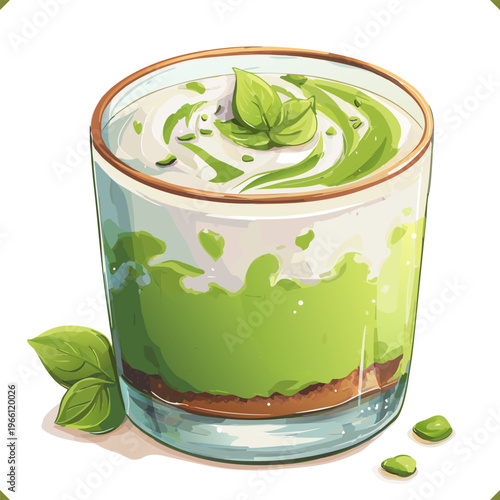Vector illustration of layered spinach tiramisu dessert in glass, isolated on white background