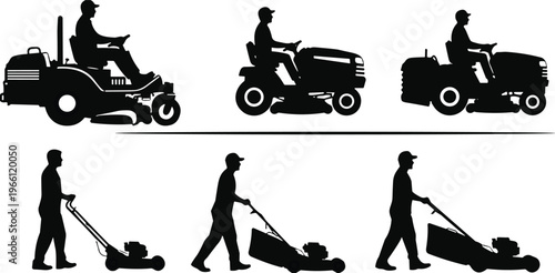 Lawn mower silhouette set, gardening landscaping service collection, grass cutting machine vector illustration black worker equipment outdoor maintenance design