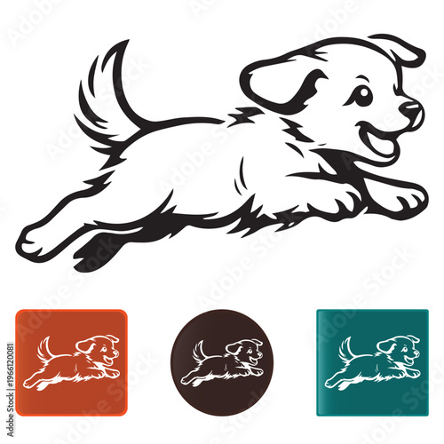 Playful puppy running vector illustration, happy golden retriever dog jumping silhouette, cute canine pet mascot line art for animal logos