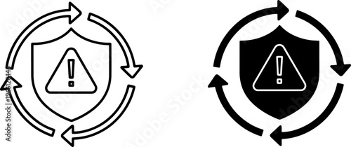Security Shield with Warning Symbol and Circular Arrows Icon Protection Cycle Cybersecurity Concept Minimalist Graphic