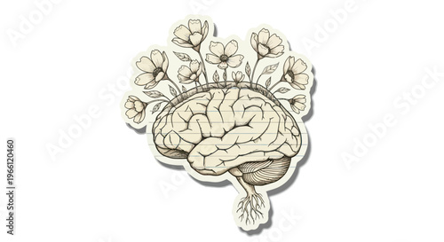 Brain, human mind, creative thinking, mental health, beige illustration