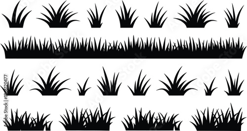 Grass silhouettes collection, lawn and meadow vector set, nature ground plants, isolated black grass shapes, landscaping design elements, outdoor botanical illustration