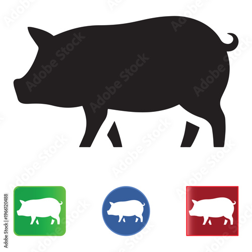 Pig silhouette vector icons, farm animal profile graphics, black swine symbol and colorful livestock buttons for agriculture and butchery branding