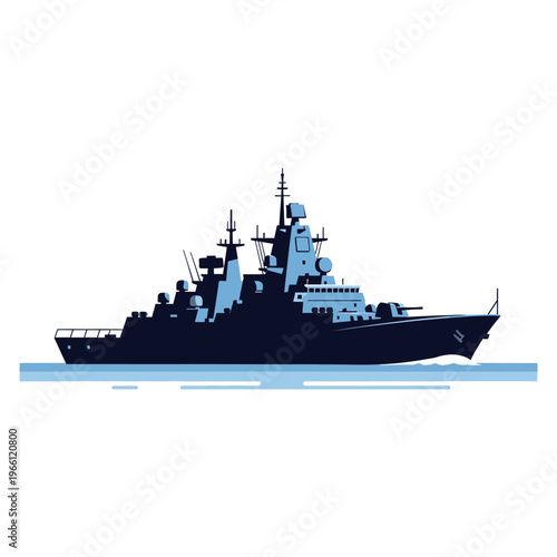 Modern Warship Silhouette on Water, Military Naval Vessel Illustration