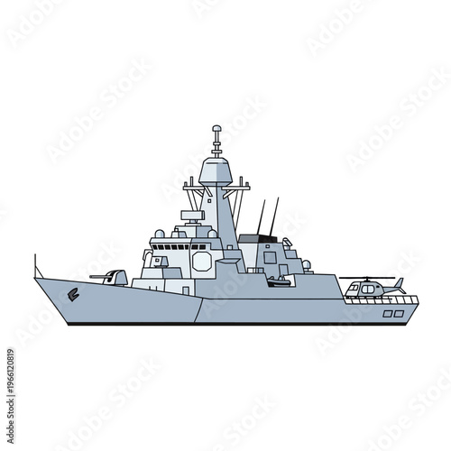 Modern Warship with Helicopter on Deck, Naval Vessel, Military Ship Illustration