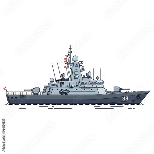 Modern Warship with Number 33, Naval Vessel, Military Ship, Warship Illustration