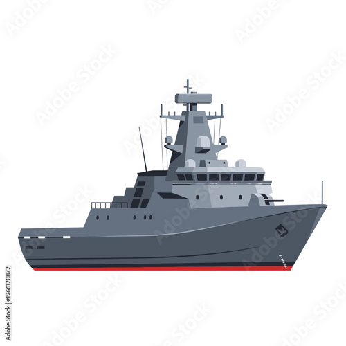 Modern Warship, Military Naval Vessel, Grey Frigate with Red waterline, Isolated on White