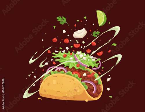 taco food illustration with floating spices design