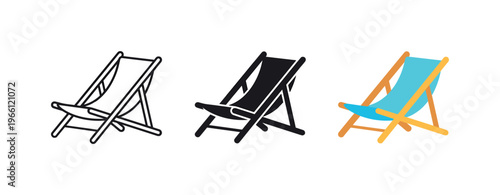 Collection of deck chair icons in outline, solid, and colorful styles