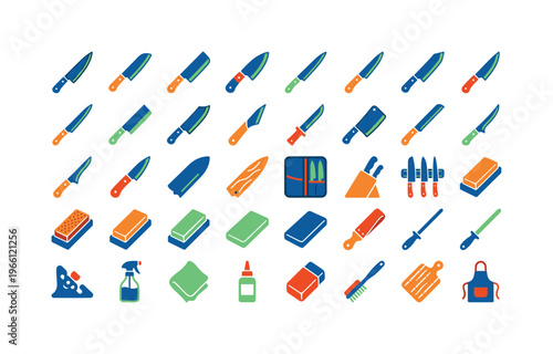 Collection of Japanese kitchen knives and sharpening tools in a flat design style