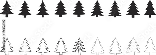 Pine tree icon set, evergreen silhouettes collection, Christmas tree shapes, vector outline and solid fir trees isolated for winter design