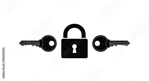 A simple black and white graphic displays an open padlock flanked by two identical keys symbolizing access high quality professional detailed