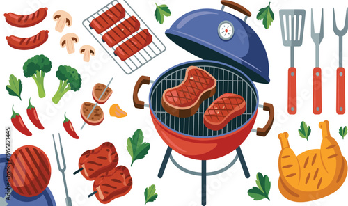 Colorful barbecue grill illustration with steaks, sausages, vegetables, cooking tools, outdoor BBQ food concept, summer grilling, kitchen equipment design