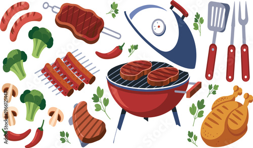 Colorful barbecue grill illustration with steaks, sausages, vegetables, cooking tools, outdoor BBQ food concept, summer grilling, kitchen equipment design