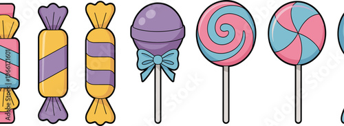 Colorful candy illustration cute lollipops and wrapped sweets pastel cartoon style seamless design confectionery background for kids festive vector art