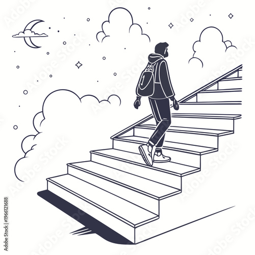 A person walking up a staircase towards the clouds