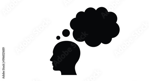 A minimalist black silhouette depicts a human head in profile with a large thought bubble above high quality professional detailed modern