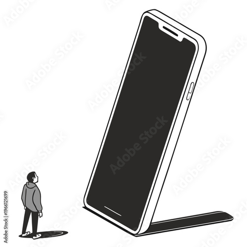 A man looking up at a giant smartphone