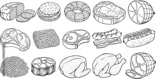 Large set of meat products and deli icons including steak chicken ham and sausages in black and white line art vector style for coloring.