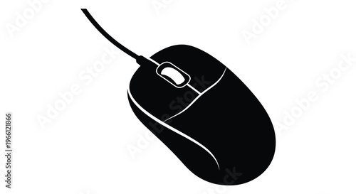 A stark black silhouette depicts a computer mouse with a visible cable showcasing its ergonomic design high quality professional detailed modern