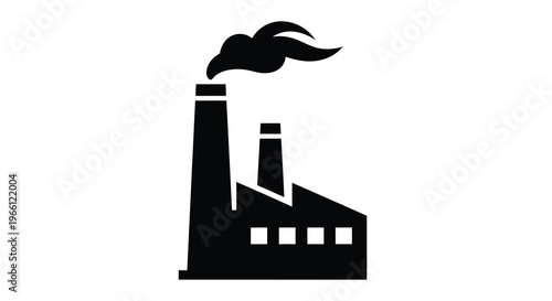 A stark black silhouette depicts an industrial factory with multiple smokestacks emitting dark smoke plumes high quality professional detailed modern elegant