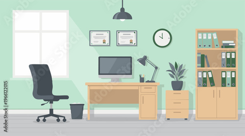 Flat design illustration of a modern home office workspace with desk and computer