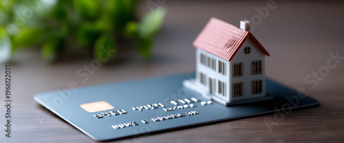 Small model house placed on a credit card symbolizing real estate financing and mortgage concept with blurred background