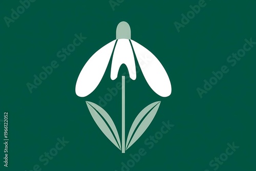 minimal Imbolc illustration, single snowdrop flower, soft white and green palette, clean background, early spring symbolism