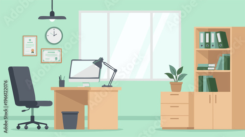 Modern Office Interior with Desk, Computer, Chair, and Bookshelf