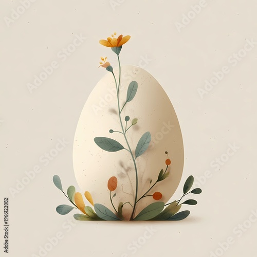 minimal egg symbol with floral sprout, soft pastel palette, modern magical spring art 