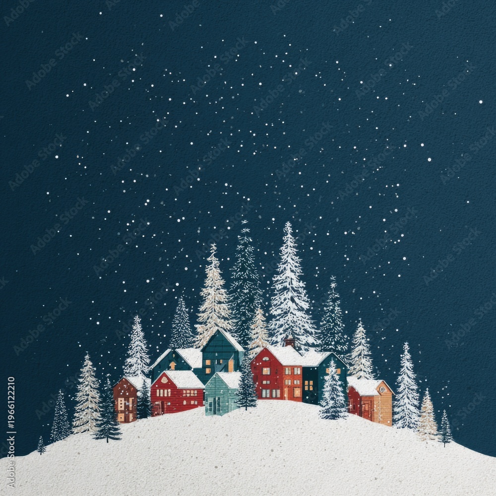 Fototapeta premium Colorful Christmas Cottages in Snowy Night Sky