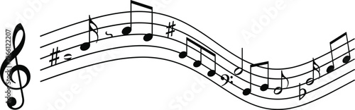 Musical notes and clef symbols flowing on a wavy staff line vector illustration isolated on white background for creative melody and song design.