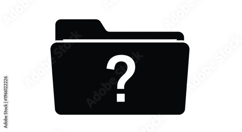 A minimalist black silhouette depicts a folder icon containing a white question mark symbol high quality professional detailed modern elegant stylish