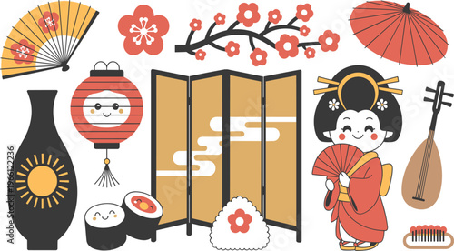 Kawaii Japanese culture elements set geisha sushi fan lantern sakura traditional objects cute vector illustration Asian design collection