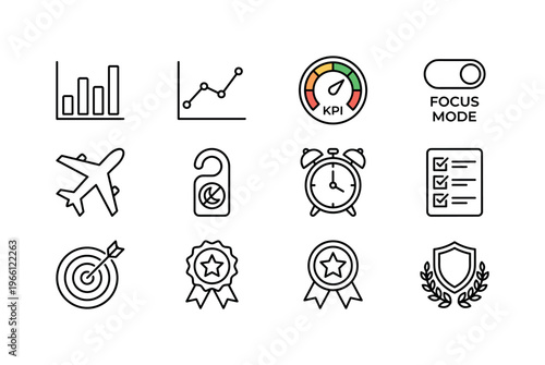 Collection of business and lifestyle icons representing goals, progress, and achievements