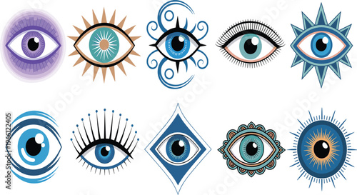 Stylized mystical eye symbols collection sacred geometry spiritual protection evil eye vector illustration set decorative ornamental tattoo design elements