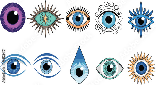 Stylized mystical eye symbols collection sacred geometry spiritual protection evil eye vector illustration set decorative ornamental tattoo design elements