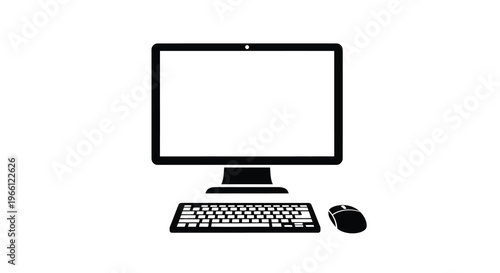 A minimalist black icon depicts a computer setup showcasing a monitor keyboard and mouse on white high quality professional detailed modern