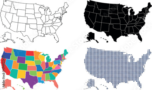 USA Map in Multiple Design Styles Including Outline Silhouette Color and Dot for Geographic Infographic and Design Use