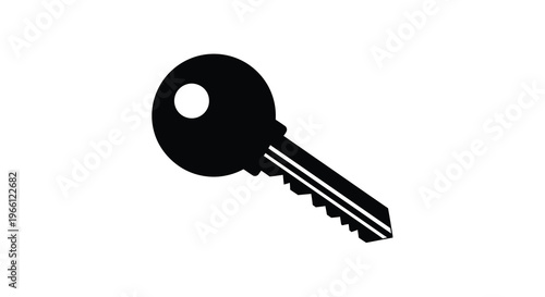 A simple black and white silhouette depicts a classic key with a circular head and jagged bit high quality professional detailed