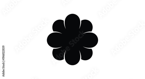 A simple minimalist graphic depicts a flower like shape composed of eight rounded black petals on a white background high quality