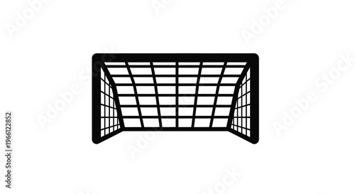 A simple black silhouette depicts a soccer goal constructed with a rectangular frame and netting on a white background high quality