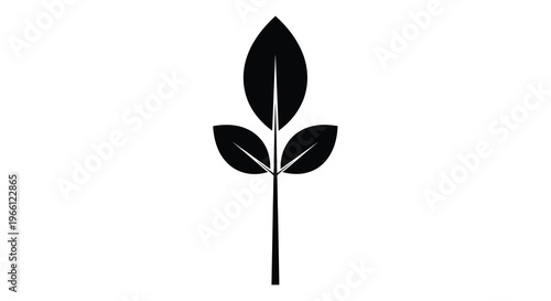 A simple black and white graphic depicts a stylized plant stem with three leaves showcasing minimalist botanical design high quality professional