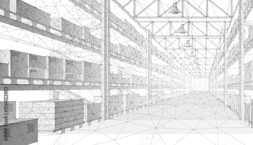 Warehouse interior in sketch wireframe style. Industrial storage, logistics facility, shelving system, distribution center, architecture design, construction concept. Vector illustration