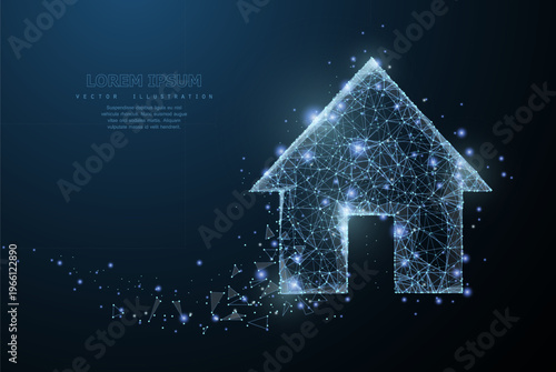 Glowing house made of digital particles. Smart home concept, property technology, real estate, secure living, connected residence, innovation, future service idea. Vector illustration