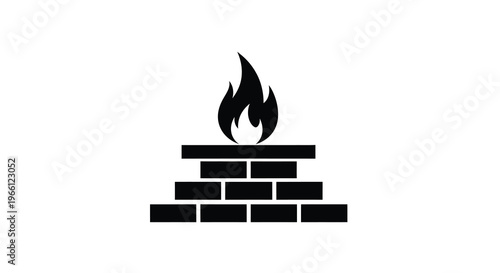 A simple black and white illustration depicts a stylized fireplace with a burning flame atop a brick base high quality professional