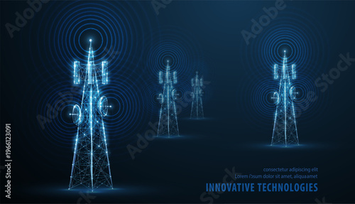 Glowing telecom towers with signal waves. Wireless communication, mobile network, digital transmission, internet connectivity, telecom infrastructure, future technology concept. Vector illustration