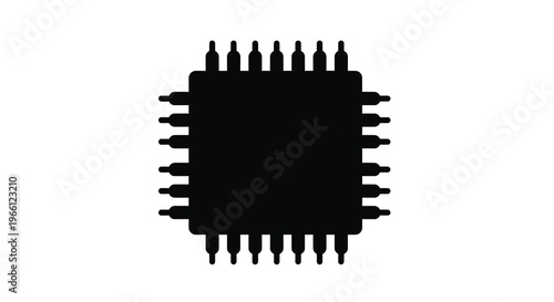 A black silhouette depicts a multi pin integrated circuit resembling a microchip or electronic component high quality professional detailed modern elegant