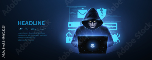 Hacker with laptop in dark digital scene. Cybercrime, data breach, online attack, network threat, privacy risk, cybersecurity alert, future technology concept. Vector illustration